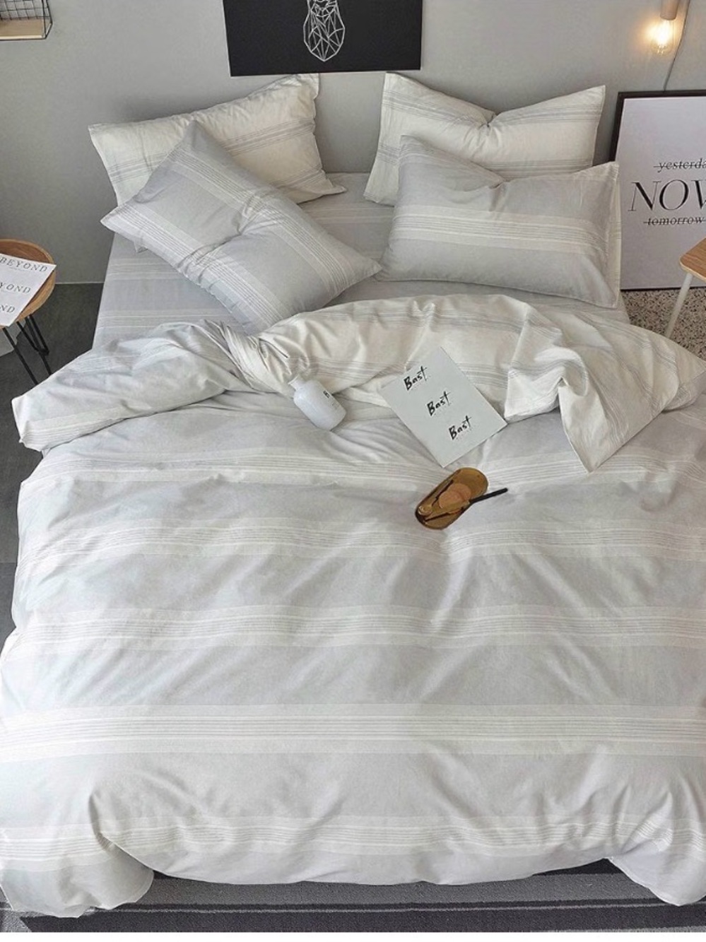White/Light Gray Striped Cotton Duvet Cover Reversible Queen Set
